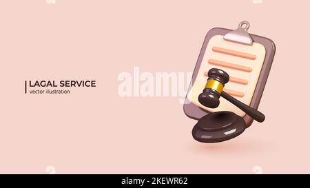 3D Law Service. Realistic 3d design of Judge hammer and Paper clipboard. Commercial law, Legal advice for business. Vector illustration in cartoon minimal style. Stock Vector