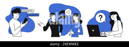 Client support set vector illustration concept. Customer service to help and online business call center. Operator assistant and hotline communication Stock Vector