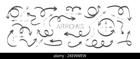 Black arrow icons. Grunge arrows. Hand drawn arrows. Set of vector curved arrows. Sketch doodle style. Vector illustration Stock Vector