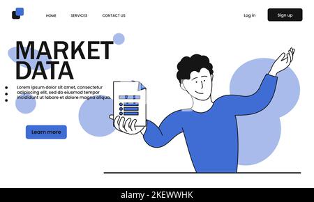 Market data and man holding business document vector illustration concept. Datum technology and information marketing analysis. Digital finance analyt Stock Vector