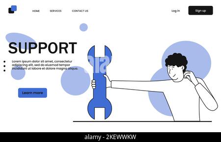 Remote technical support and holding wrench vector illustration concept. Service help technology business and online communication. Technical call cen Stock Vector