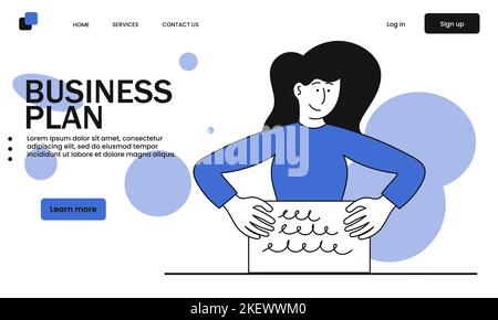 Business plan woman write vector illustration concept. Management strategy and marketing idea. Finance development and project growth . Financial orga Stock Vector