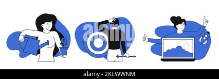 Productivity project set business vector illustration concept. Management work and schedule task success. Office planning strategy and organization ef Stock Vector