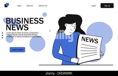 Business news and woman read newspaper vector illustration concept. Media information and global broadcasting press. Journalism and reportage publicat Stock Vector