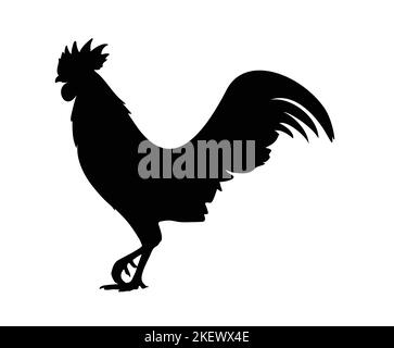 Vector illustration. Black silhouette of a rooster standing on one leg. Isolated on a white background. Stock Vector