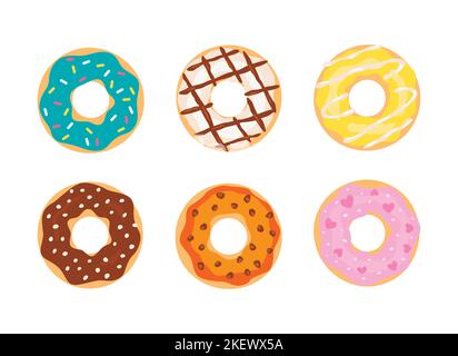 Set of cartoon colorful donuts. Top View Doughnuts collection into glaze for menu design, cafe decoration, delivery box. Stock Vector