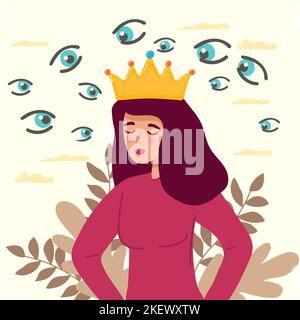 Panic of chase and Inner fears concept. flat Young stressed woman standing feeling invisible eyes around her feeling panic and nervous problems vector Stock Vector