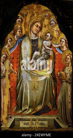Madonna and child enthroned among the angels by Simone dei Crocefissi 1330  - 1399  Italy Italian Simone di Filippo Benvenuti, known as Simone dei Crocifissi or Simone da Bologna ,Italian painter. Born and died in Bologna, he painted many religious panel paintings Stock Photo