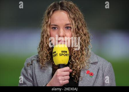 York, UK. 14th Nov, 2022. Lois Forsell providing punditry for tonight's Women's Rugby League World Cup Semi Final match England Women vs New Zealand Women at LNER Community Stadium, York, United Kingdom, 14th November 2022 (Photo by Mark Cosgrove/News Images) Credit: News Images LTD/Alamy Live News Stock Photo