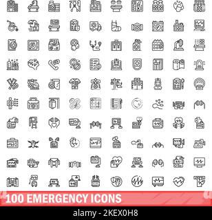 100 emergency icons set. Outline illustration of 100 emergency icons vector set isolated on white background Stock Vector