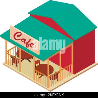 Cafe building icon isometric vector. Cafe with table and chair on open veranda. Catering and recreation establishment Stock Vector
