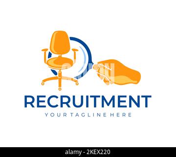 Recruitment, office chair, hand holding a magnifying glass, logo design. Recruitment agency, job interviews, employment and recruit, CVs and resumes Stock Vector
