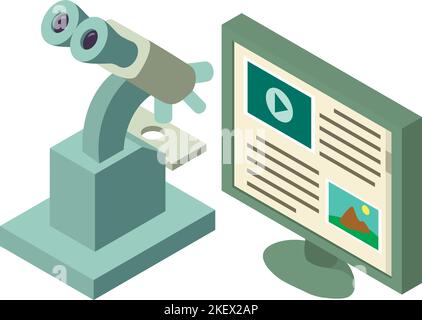 Laboratory equipment icon isometric vector. Microscope near computer screen icon. Scientific research equipment Stock Vector