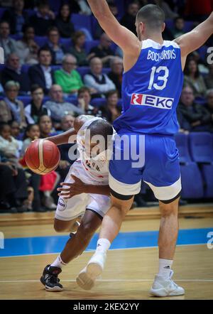 Jemappes, Belgium, 14 November 2022, Belgium's Jonathan Tabu and Greece's Lefteris Bochoridis fight for the ball during a basketball match between Belgium's national team Belgian Lions and Greece, Monday 14 November 2022 in Jemappes, qualification game 10/12 for the 2023 World Cup. BELGA PHOTO VIRGINIE LEFOUR Stock Photo