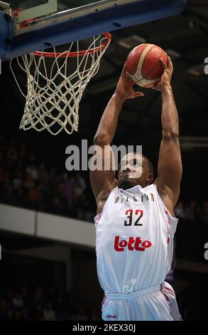 Jemappes, Belgium, 14 November 2022, Belgium's Retin Obasohan dunks during a basketball match between Belgium's national team Belgian Lions and Greece, Monday 14 November 2022 in Jemappes, qualification game 10/12 for the 2023 World Cup. BELGA PHOTO VIRGINIE LEFOUR Stock Photo