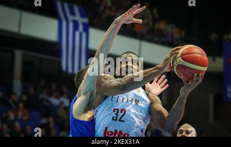 Jemappes, Belgium, 14 November 2022, Belgium's Retin Obasohan fights for the ball during a basketball match between Belgium's national team Belgian Lions and Greece, Monday 14 November 2022 in Jemappes, qualification game 10/12 for the 2023 World Cup. BELGA PHOTO VIRGINIE LEFOUR Stock Photo