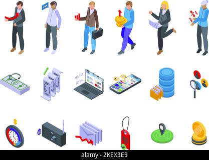 Sales performance icons set isometric vector. Service digital. Self economy Stock Vector