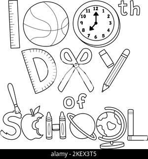 100th Day Of School Art Isolated Coloring Page Stock Vector