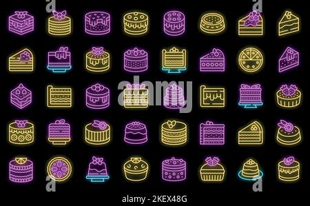 Cheesecake icons set outline vector. Cake dessert. Slice piece neon color on black Stock Vector