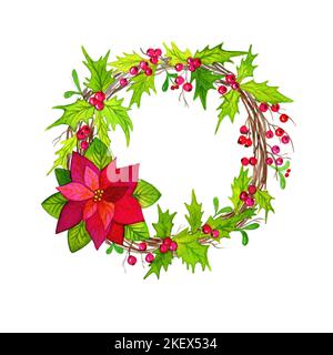 Watercolor Christmas Wreath red berries leaves. Christmas card. Stock Photo