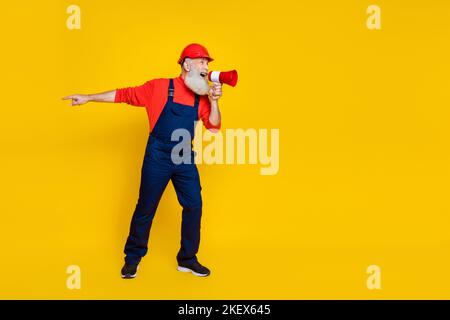 Full size profile side photo of furious artisan contractor scream workman restoration isolated bright color background Stock Photo