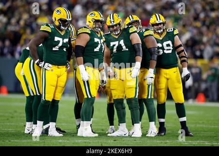 Green Bay, Wisconsin, USA. 13th Nov, 2022. The Green Bay Packers offensive line - offensive tackle Yosh Nijman (73), guard Jon Runyan (76), center Josh Myers (71), guard Elgton Jenkins (74), and offensive tackle David Bakhtiari (69) during the NFL football game between the Dallas Cowboys and the Green Bay Packers in Green Bay, Wisconsin. Darren Lee/CSM/Alamy Live News Stock Photo