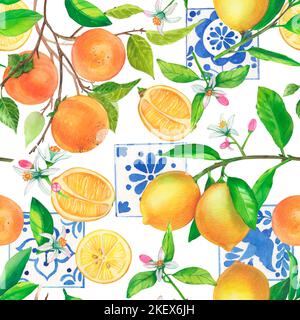 Beautiful seamless pattern. Watercolor citrus hand drawn illustration. Persimmon tree branch orange lemon fruits. Stock Photo