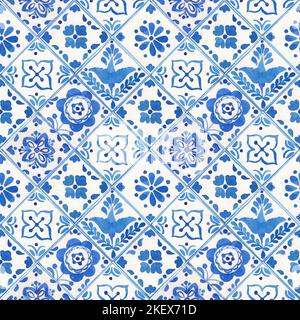 Watercolor blue style porcelain seamless pattern, dutch ceramic tiling ornament. Old fashion hand-drawn rustic floral motifs. Stylized flowers Stock Photo
