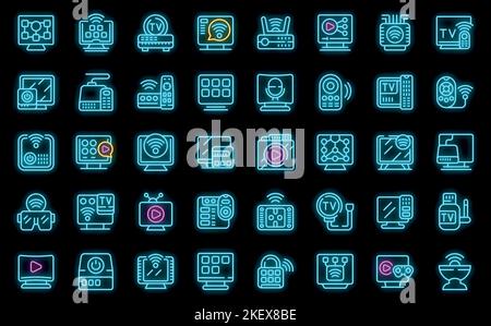 Smart TV box icons set outline vector. Remote cable. Controller device neon color on black Stock Vector