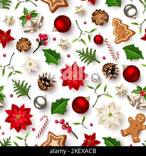 Christmas seamless pattern with red and white poinsettia flowers, red and silver balls, bells, holly, mistletoe, gingerbread cookies, candy canes, fir Stock Vector