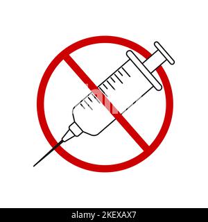 Stop narcotic symbol. Anti vaccination icon. No drugs concept. Syringe crossed by red prohibited sign isolated on white background. Vector graphic illustration. Stock Vector