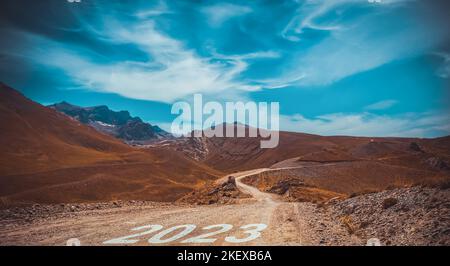 2023 written on mountain road. Concept for new year 2023. Stock Photo