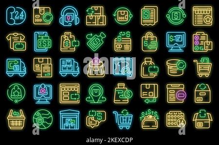 Purchase returns icons set outline vector. Shipping receive. Refund store neon color on black Stock Vector