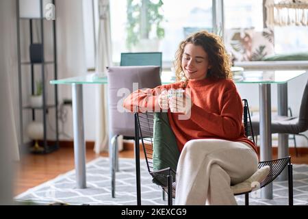 Young happy pretty woman sitting on chair drinking tea coffee relaxing at home. Stock Photo