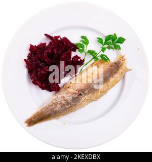 Smoked mackerel served with grated beetroot Stock Photo