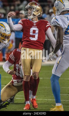 San Francisco 49ers place kicker Jake Moody (4) follows through on a ...