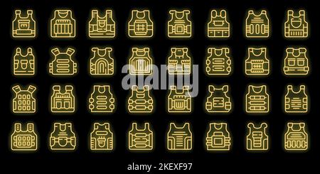 Bulletproof vest icons set outline vector. Armor body. Vest military neon color on black Stock Vector