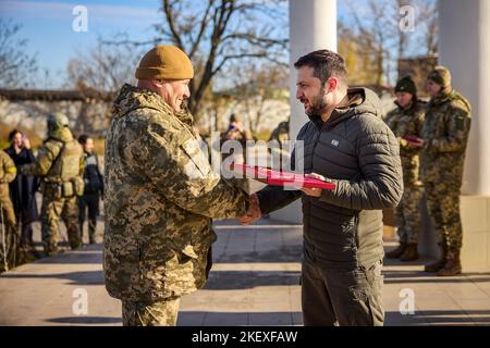 As part of a working trip to the de-occupied part of the Kherson region, the President of Ukraine Volodymyr Zelensky presented state awards to the Ukraine servicemen who distinguished themselves during the liberation of Kherson and the region. Stock Photo