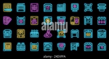 Plotter icons set outline vector. Printer machine. Copy offset neon color on black Stock Vector