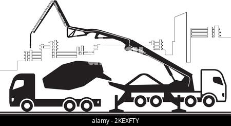 Concrete pump truck  on construction site - vector illustration Stock Vector