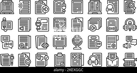 Transcription icons set outline vector. Court career. Audio voice Stock Vector
