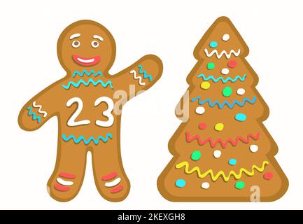 Gingerbread man with the number 23 denoting New Year 2023. Cookie stylized Christmas tree. Stock Vector