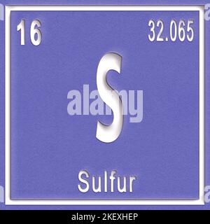 Sulfur chemical element, Sign with atomic number and atomic weight, Periodic Table Element Stock Photo