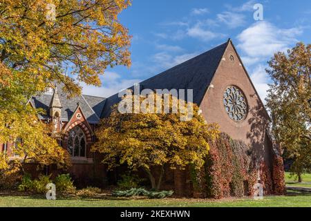 Ithaca, New York-October 25, 2022: Sage Chapel on Cornell University Campus in Autumn Stock Photo