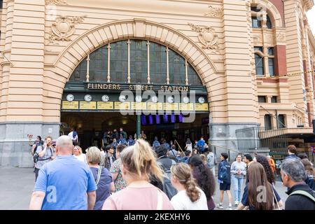 Flinders street station in Melbourne CBD, commuters heading to the railway statio nentrance,Victoria,Australia Stock Photo