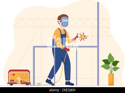 Welding Service with Professional Welder Job Weld Metal Structures, Pipe and Steel Construction in Flat Cartoon Hand Drawn Templates Illustration Stock Vector