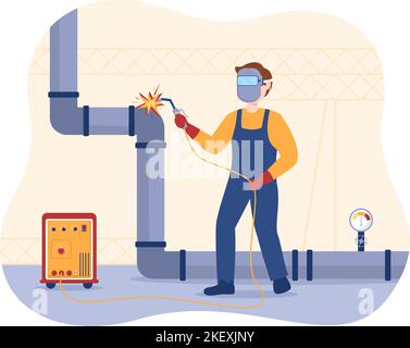 Welding Service with Professional Welder Job Weld Metal Structures, Pipe and Steel Construction in Flat Cartoon Hand Drawn Templates Illustration Stock Vector