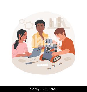 Robotics club isolated cartoon vector illustration. Group of young teens making robot, middle school tech activity, robotics student club, engineering project, programming skill vector cartoon. Stock Vector