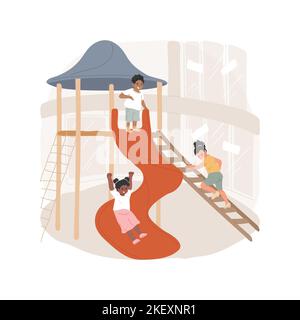 Shopping mall playground isolated cartoon vector illustration. Family shopping with kids, mall indoor entertainment center, child slides down, children having fun on playground vector cartoon. Stock Vector