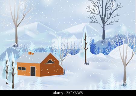 Winter mountains landscape with houses and trees on vector background with snowflakes falling from the sky. Cartoon winter scenery of cold weather Stock Vector